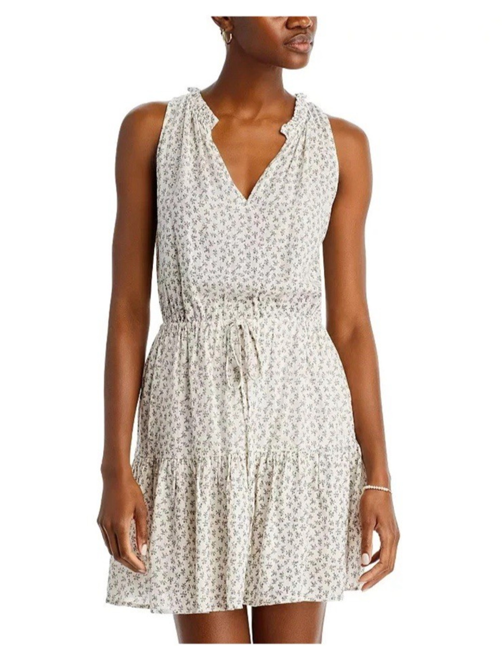 Rails Albany Printed Drawstring Waist Dress Womens Medium White Gray Linen Blend